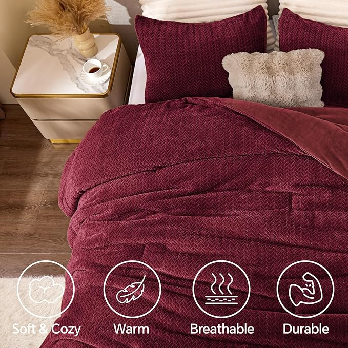 Flannel Fleece Comforter King Set - Furry Burgundy Leaves Pattern Faux Fur Bed Set, Winter Ultra Soft Fuzzy Comfort Set, Velvet Bedding Set for Bed with 2 Pillow Cases
