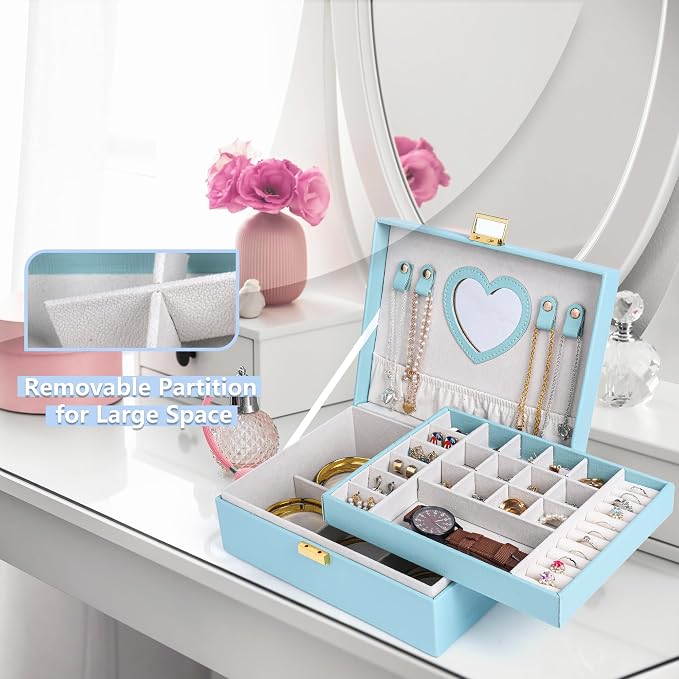 Dajasan Jewelry Box for Teenage Girl Gifts, Jewelry Organizer Box for Little Girls Kids, 2-Layer Large Jewelry Gift Box for Christmas, Valentine's Day, Birthday, Mother's Day (Blue) - Image 4
