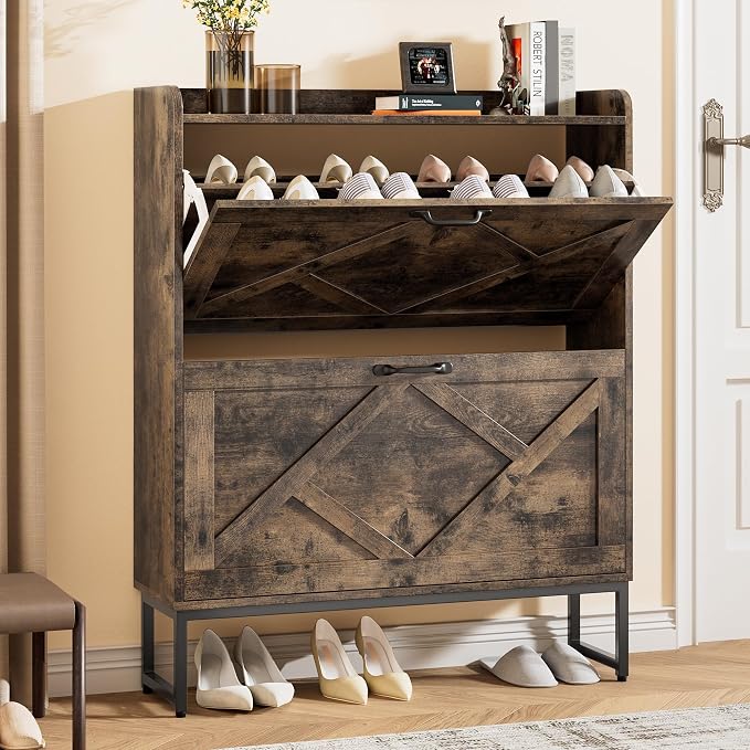 Nicetree Shoe Cabinet with 2 Flip Drawers, Freestanding Shoe Storage Cabinet with Metal Legs, Farmhouse Shoe Organizer for Entryway, Foyer, Hallway by Nicetree