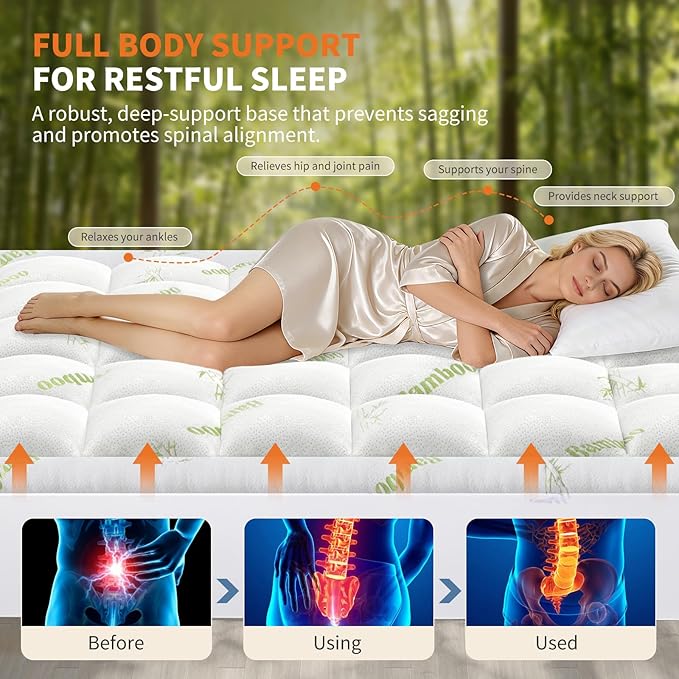 OLIXIS Full Size Bamboo Viscose Mattress Topper, Thick Pillow Top Mattress Pad with Stretchable Pockets, Soft Pressure-Relieving Bed Topper for Back Pain Relief, Breathable