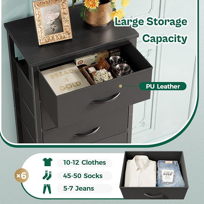 Huuger 43.3 Inch Tall Dresser for Bedroom, 6 Drawer Night Stand & Chests of Drawers, Fabric Dresser for Closet, Bedroom, Nightstand, End Table with Metal Frame, Storage Tower with Fabric Bins, Black - Image 7