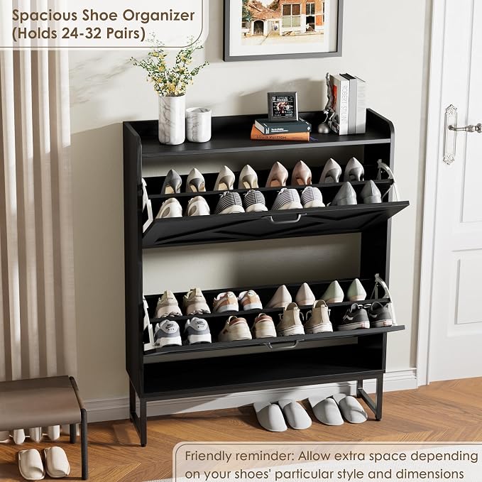 Nicetree Shoe Storage Cabinet with 2 Flip Drawers, Freestanding Shoe Organizer, Shoe Cabinet with Metal Legs, Narrow Shoe Rack Cabinet, Farmhouse Slim Shoe Cabinet for Entryway, Foyer, Hallway, Black - Image 4