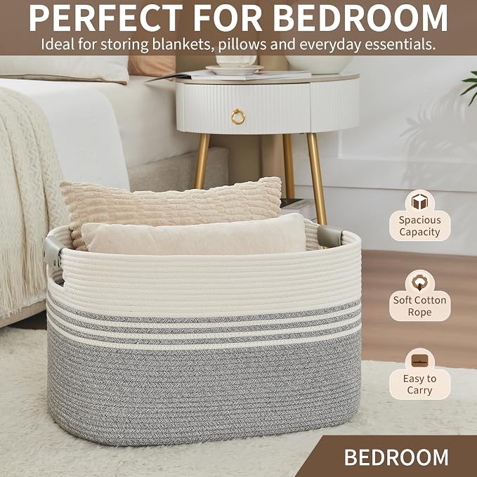 AINUOQI Laundry Basket with Handles - Blanket Basket & Hampers for Bedroom Aesthetic, Laundry Hamper & Blanket Storage for Living Room, Clothes Hamper, Tall, Large 21.7" x 16.9" x 11.8”, Grey - Image 6