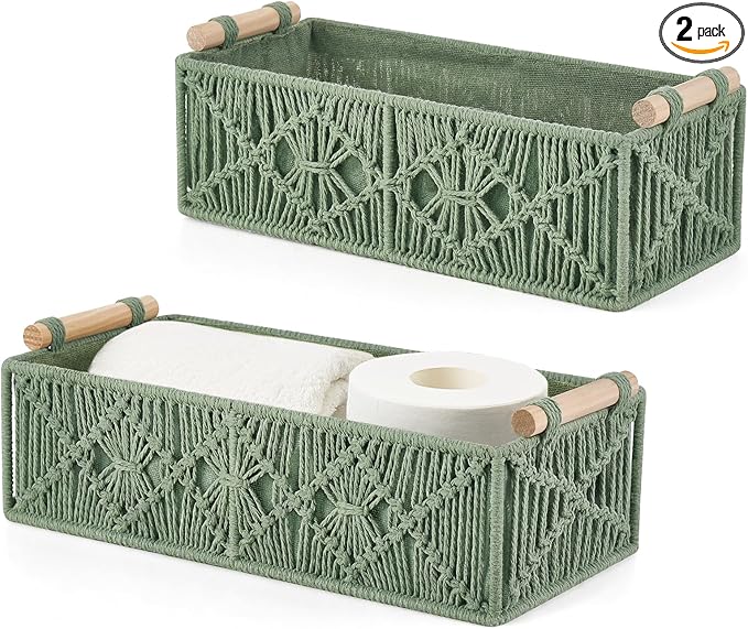 Mkono Macrame Storage Baskets Boho Decor Box Handmade Woven Decorative Countertop Toilet Tank Shelf Cabinet Organizer for Bedroom Livingroom Home, Set of 2, Green by Mkono