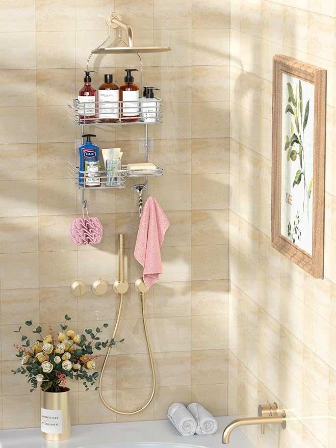 SMARTAKE Hanging Shower Head Caddy, Rustproof Bathroom Shower Shelf Organizer, SUS201 Stainless Steel Over The Storage Rack, for Toilet, Bathroom, Silver - Image 6