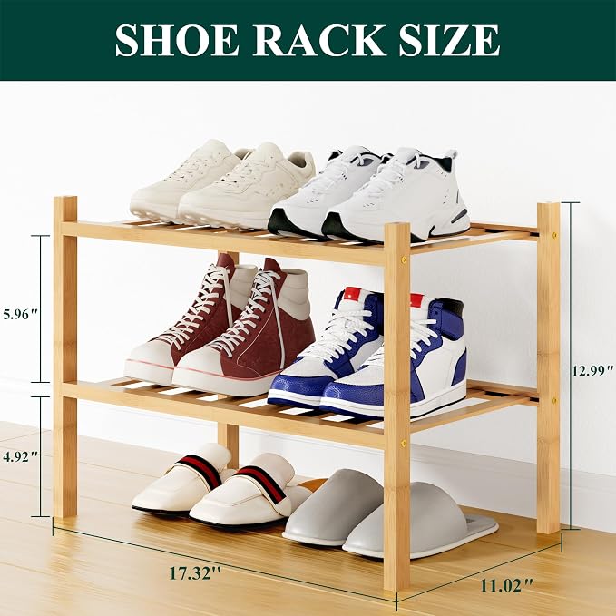 Smiry Shoe Rack, 2 Tier Small Bamboo Shoe Organizer, Stackable Free Standing Wooden Shoe Storage Shelf for Closet, Entryway, Front Door Entrance, Natural - Image 2