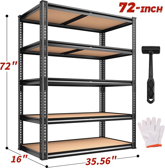 ROOMFAVE 2250LBS Storage Shelves Heavy Duty 5 Tier Garage Storage Shelving, Adjustable Metal Shelving Unit Utility Rack Shelf for Warehouse, Pantry, Closet, 72" H x 35.56" W x 16" D, Black.2PCS - Image 3