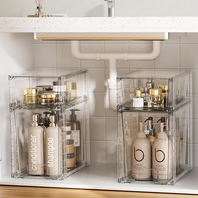 Vtopmart 2 Pack Clear Stackable Storage Drawers,9.7" High Plastic Organizers Bins for Skincare, Bathroom Supplies,Ideal for Cabinet,Undersink,Vanity,Kitchen,Pantry Organization - Image 2