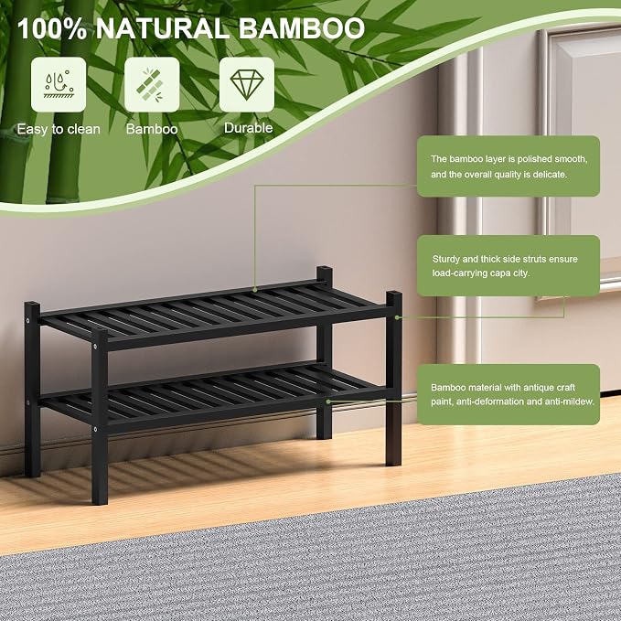 ROMGUAR CRAFT 2 Tier (Thick) Bamboo Shoe Rack for Closet Free Standing Wood Shoe Shelf for Entryway Small Space Stackable 27"x12"x14" (Black) - Image 6