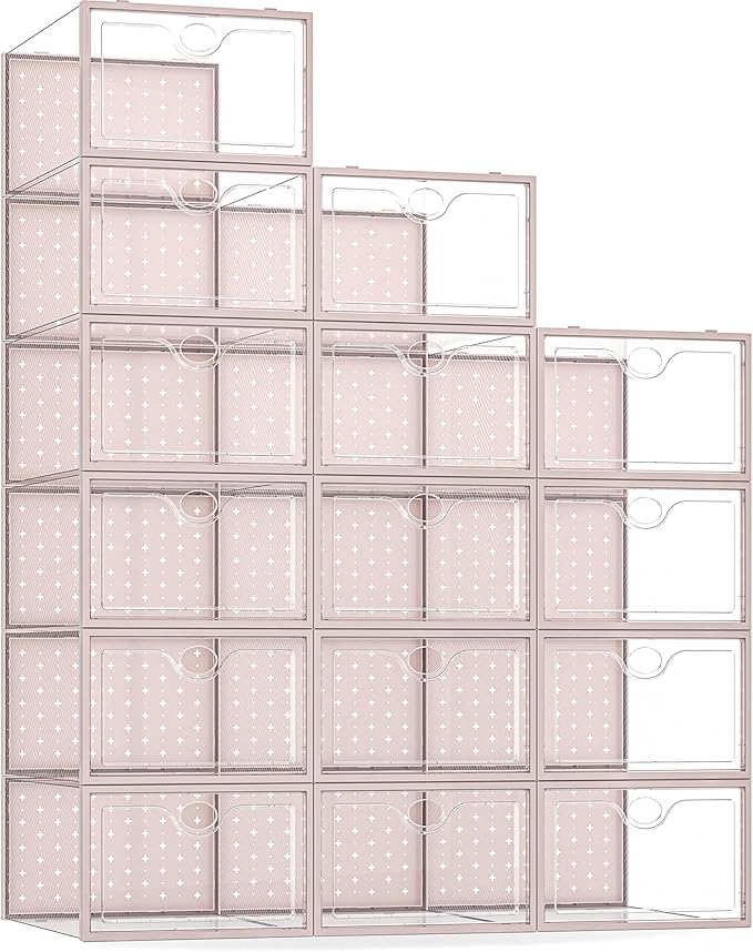 Pinkpum 15 Pack X-Large Shoe Storage Boxes, Shoe Organizer for Closet Clear Plastic Stackable Shoe Dispaly Case Bins Holder, Sneaker Storage for Sneakerheads Pink by Pinkpum