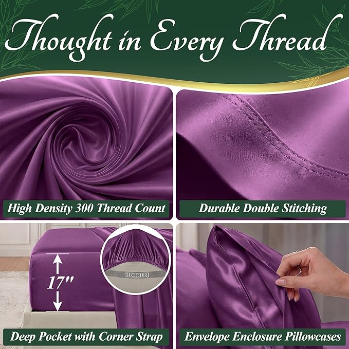 DECOLURE 100% Viscose Derived from Bamboo Sheets Queen Size - Luxury 6 Pc Naturally Cooling Sheets, Ultra Soft Bed Set - Deep 17" Pockets, Durable Double Stitching, Oeko Tex Standard (Purple)