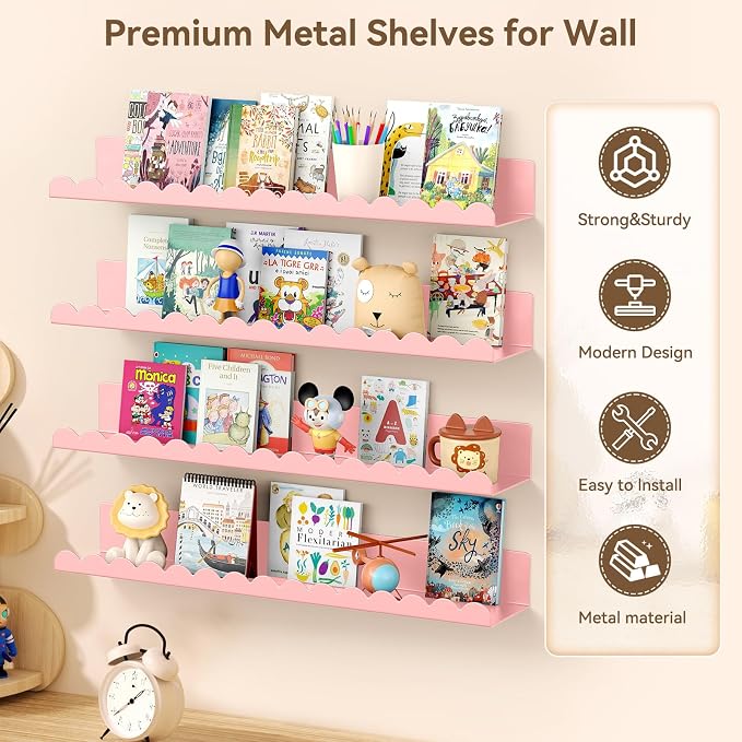 Floating Shelves for Wall, 23 Inch Metal Nursery Book Shelves 4 Pack, Wall Mounted Book Shelf for Kids Room, Bedroom, Bathroom, Playroom Decor (Pink) - Image 3
