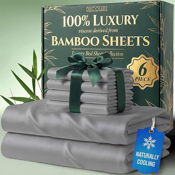DECOLURE 100% Viscose Derived from Bamboo Sheets Full Size - Luxury 6 Pc Naturally Cooling Sheets, Ultra Soft Bed Set - Deep 17" Pockets, Durable Double Stitching, Oeko Tex Standard (Light Grey)