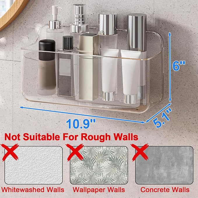 Diesisa Acrylic Wall Mount Organizer - 5.1" D x 10.9" W x 6" H, Large Size Adhesive Wall Self - Shower Caddies Organizer - Bathroom Shelves with Self Adhesive Tape for Bathroom, Kitchen - Large Size - Image 2