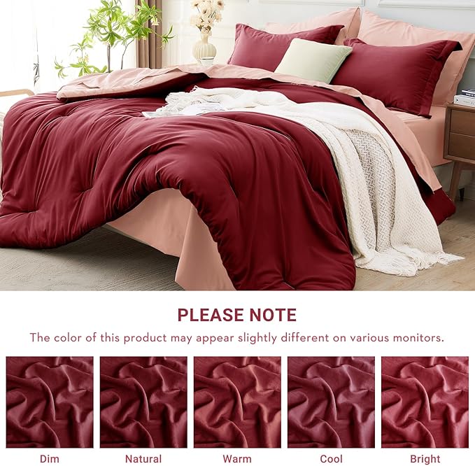 MUXHOMO 7 Pieces Queen Comforter Set, Soft Bed in a Bag Queen Size, All Season Bedding Set with Comforter, Flat Sheet, Fitted Sheet, Pillowcases & Shams, Burgundy & Rose Gold