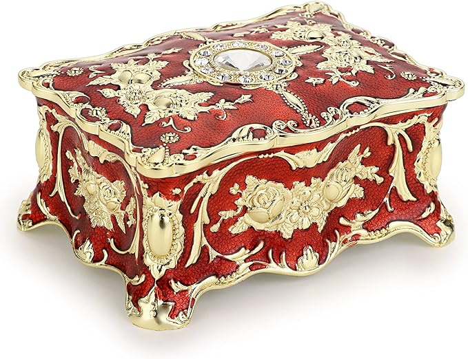 Hipiwe Vintage Jewelry Box, Small Enameled Trinket Box Organizer Rectangular Treasure Chest Box Jewelry Decorative box Keepsake Gift Box Case for Women,3.7x 2.7x 2 inch by Hipiwe