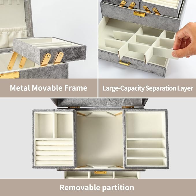 Dajasan Jewelry Organizer Box, Large Velvet Jewelry Boxes for Women Girls, Space-Saving 3 Layers Jewelry Storage Case with Drawer, Movable Metal Stand, Modern, Gift Idea (Grey) - Image 4