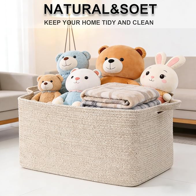 96L Large Blanket Basket,24"x16"x15"Rectangle Storage Bin with Handles,Woven Rope Laundry Basket for Toys, Clothes,Magazines,Home Organization,Nursery,Living Room & Bedroom,Brown - Image 8