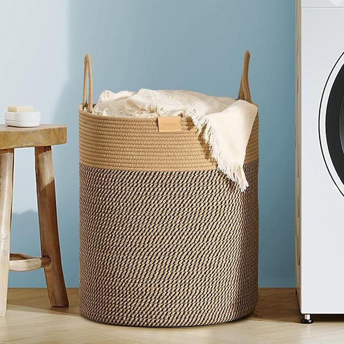 Nunsino Laundry Hamper 62L,Large Laundry Basket for Clothes,Decorative Storage Basket for Blankets,Cotton Rope Woven basket for bedroom,Dark Brown by Nunsino