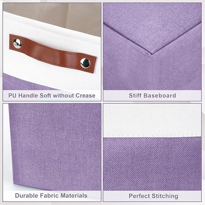 Bagnizer 13x13 Cube Storage Bins, Collapsible Fabric Storage Box, 4 Pack Closet Baskets with Handles for Organizing, Shelf, Toys, Clothes, Home, Office, Nursery (Purple&White) - Image 5