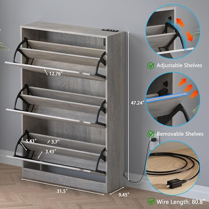 BORNOON Shoe Cabinet with Odor Control and Back Panels, Deodorizing Slim 3-Flip Shoe Storage Cabinet for Entryway, Freestanding Hidden Shoe Rack Organizer for Entrance, Hallway, Bedroom - Image 2