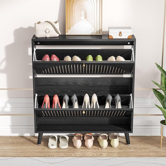 Fsbecl Shoe Storage Cabinet for Entryway with 2 Flip Drawers, Narrow Wood Shoe Cabinet with Fluted Panel, Freestanding Hidden Shoe Organizer for Foyer, Hallway (Black - No Shelf) - Image 3