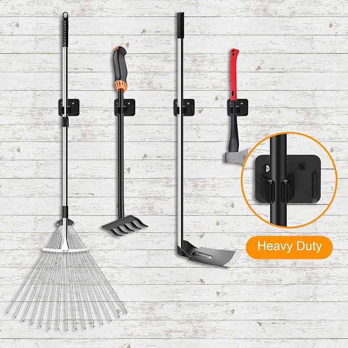 4 Pack Stainless Steel Broom Holder Wall Mount with Hook, Screw Drilling Broom and Mop Organizer Wall Hanging, Heavy Duty Storage Rack for Laundry Garage Closet Garden Tool Organizer, Black - Image 6