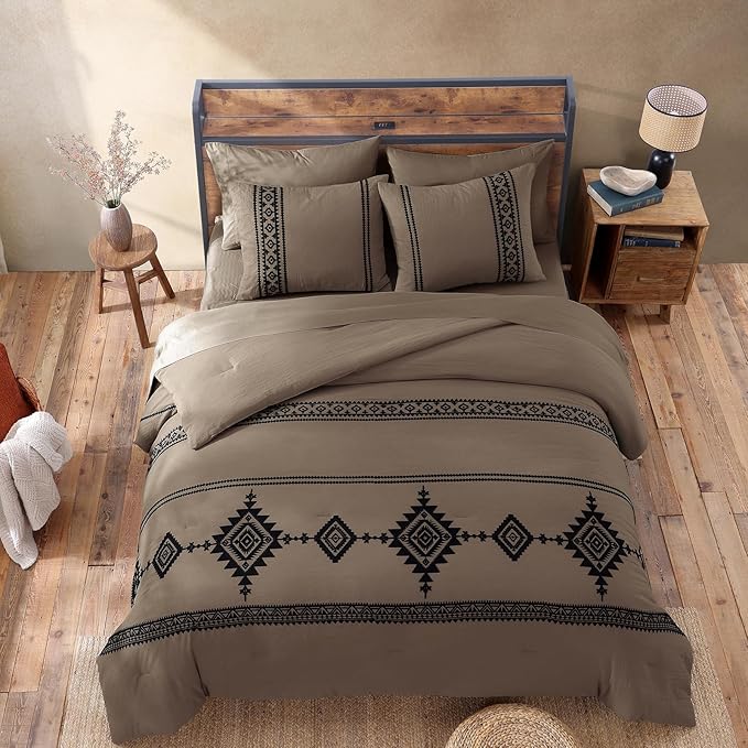 MaiRêve Embroidery Queen Size Comforter Set Taupe Grey, Boho Farmhouse Western Bedding Set 7 Pieces, All Season Bed in A Bag Comforter Set with Sheets, Pillowcases & Shams