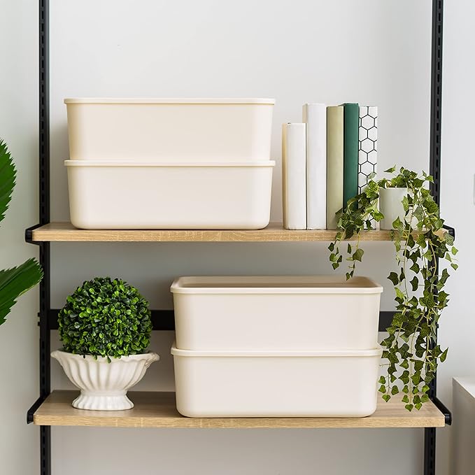 IRIS USA 15 Qt. Plastic Basket Storage Bins with Lids, Medium, 4-Pack, Stackable Lidded Storage Organizer Bins for Kitchen, Bathroom and Bedroom, Off White