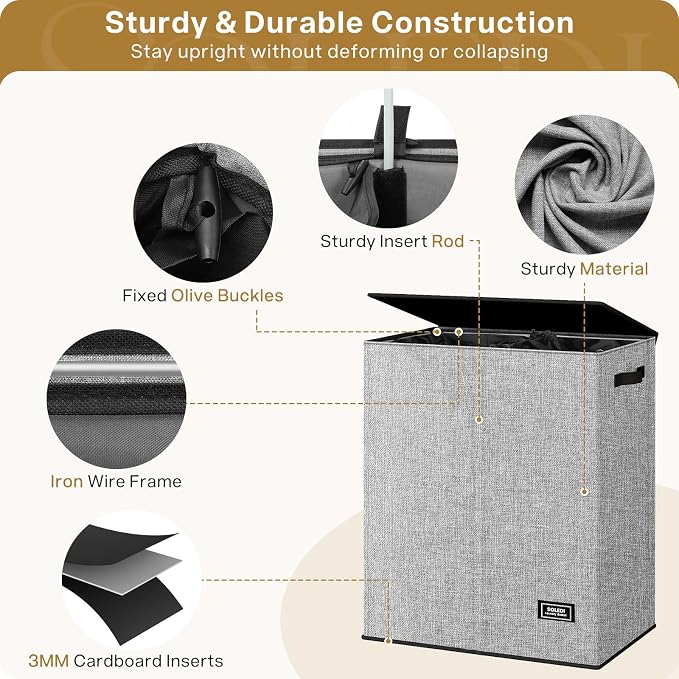 SOLEDI Double Laundry Basket with Lid and Removable bag, Large Laundry Hamper 2 Section with handles, Collapsible Dirty Clothes Hampers for Laundry, Bedroom, Dorm, College - Image 6