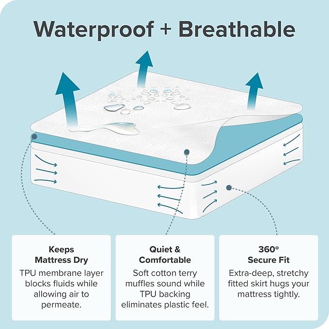 Bare Home Full Extra Long Size Mattress Protector - 100% Waterproof & Breathable - Premium Cooling Mattress Cover - Protects Against Spills - Vinyl Free - Protect Your Mattress (Full XL, White)