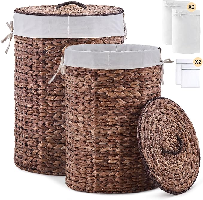 Round Water Hyacinth Laundry Hamper with Lid Handwoven Wicker Basket with Handles for Dirty Clothes, Storage, and Organization Ideal for Bedroom, Bathroom, and Laundry Room, No Assembly Required, 2Pcs by LGENHOOMHandwovenNaturalWaterHyacinthBasket