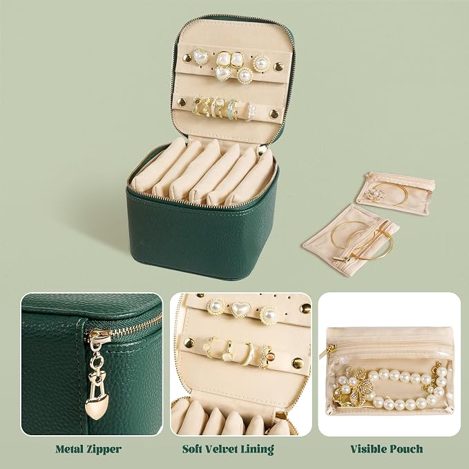 Travel Jewelry Case, Small Travel Jewelry Box with 6 Velvet Jewelry Bag Mini Pouch, Portable Travel Jewelry Organizer for Rings Earrings Necklaces, Beauty Gifts for Women Girls (Green) - Image 2