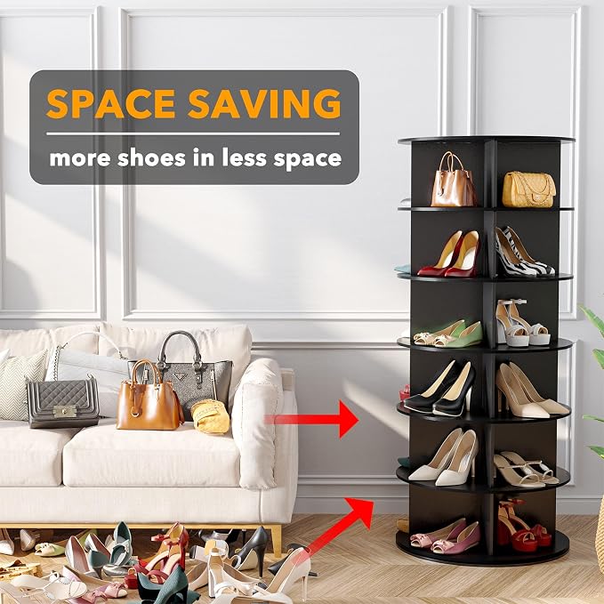 SpaceAid 6 Tier Rotating Shoe Rack Tower, Spinning Shoe Display Lazy Susan, Revolving 360 Shoe Rack Storage Round Carousel, Vertical Handbag Rotate Shoes Closet Organization (6-Tier Black) - Image 3