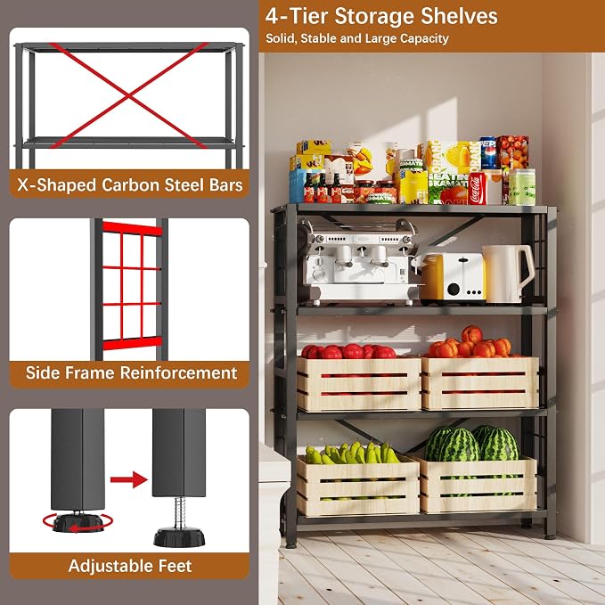 GIOTORENT 4-Wire Heavy-Duty Shelf, Standing Storage Shelves, Metal Shelving Unit Pantry Rack, 1200LB Load Capacity, for Garage Kitchen Organizer (Black) - Image 4