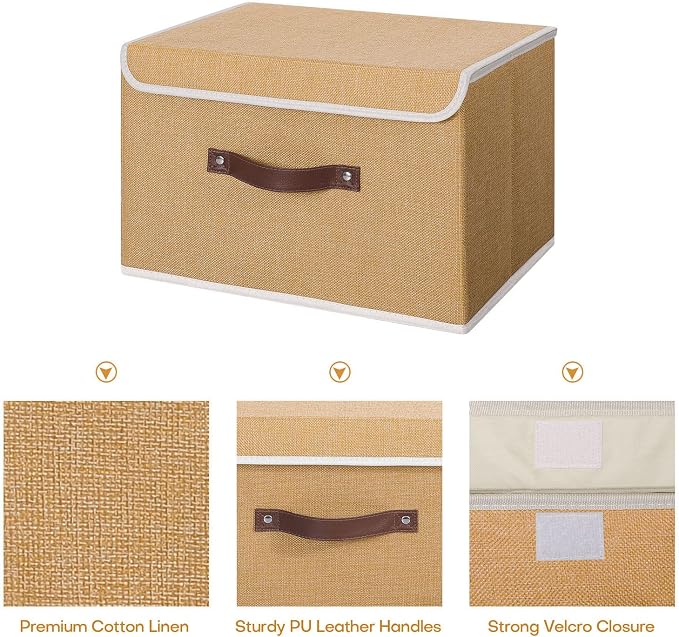 ANMINY Storage Bin with Lid Storage Boxes with PU Leather Handles PP Plastic Board Decorative Foldable Lidded Cotton Linen Fabric Home Cubes Baskets Closet Organizer Container - Khaki, Large Size - Image 3