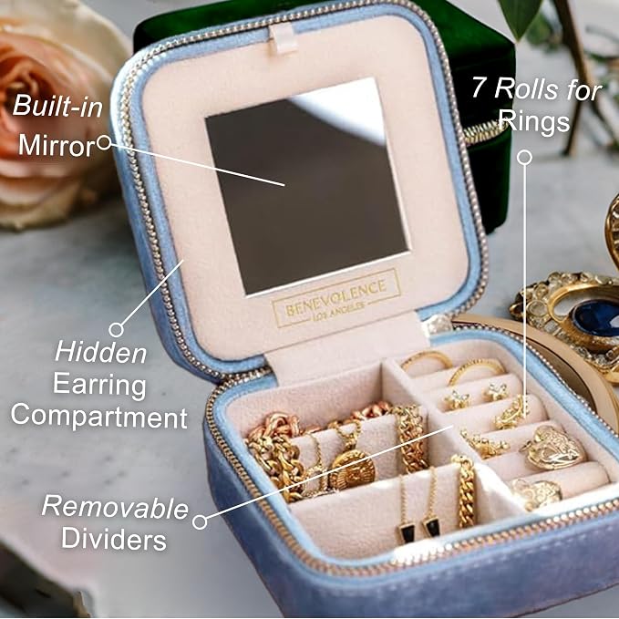 Benevolence LA Plush Velvet Jewelry Box | Travel Jewelry Case Organizer with Mirror | Featured in Oprah's Favorite Things | Best Gifts For Daughter, Girlfriend, Mom | Gifts For Her - Periwinkle Blue - Image 3