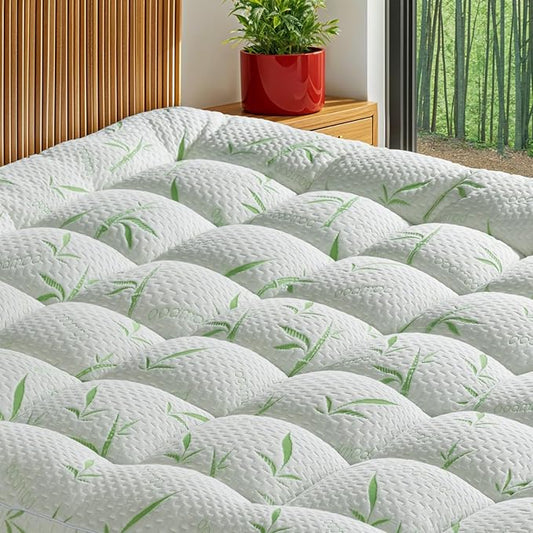 Mattress Pad Queen Size - 3D+7D Down Alternative Fill, Viscose Made from Bamboo Cover, Extra Firm for Back Pain, 6"-18" Deep Pocket (60"x80")