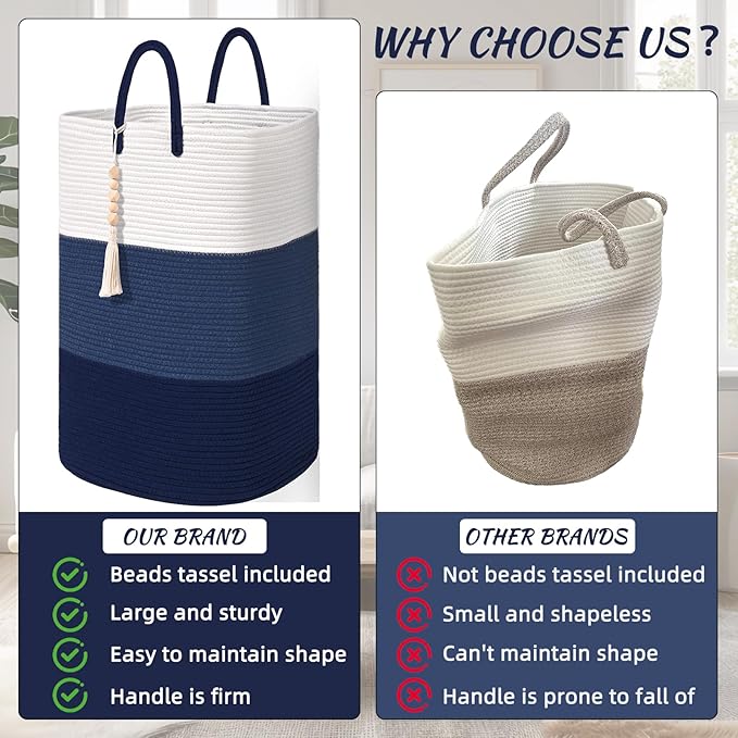 Woven Laundry Basket for Clothes,65 L Large Rectangle Laundry Hampers with Beads Tassel, Nursery Storage Basket for Toys, Tall Dirty Clothes Hamper for Bedroom Aesthetic, Laundry Room Organization - Image 4