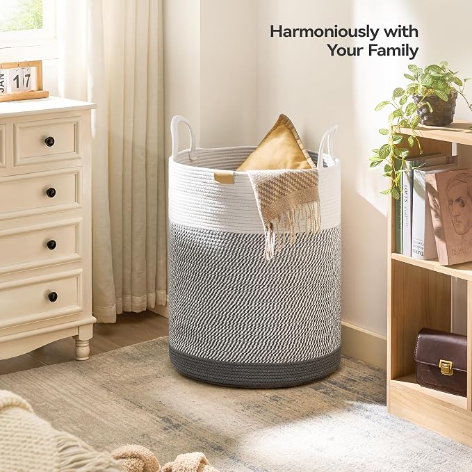 Nunsino Laundry Hamper 95L,Large Laundry Basket for Clothes,Decorative Storage Basket for Blankets,Cotton Rope Woven basket for bedroom,Grey White - Image 2