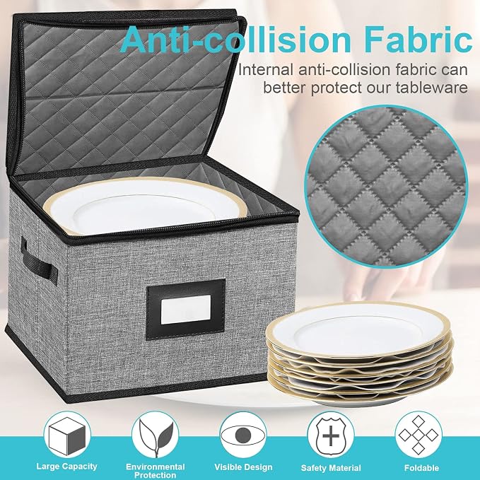 China Storage Containers-4PACK Quilted Dish Storage Containers with Lid Hard Shell for Moving Transport, Dinnerware,Stackable Plate Storage,24 Felt Plate Dividers Included,12 * 12 * 8in - Image 4