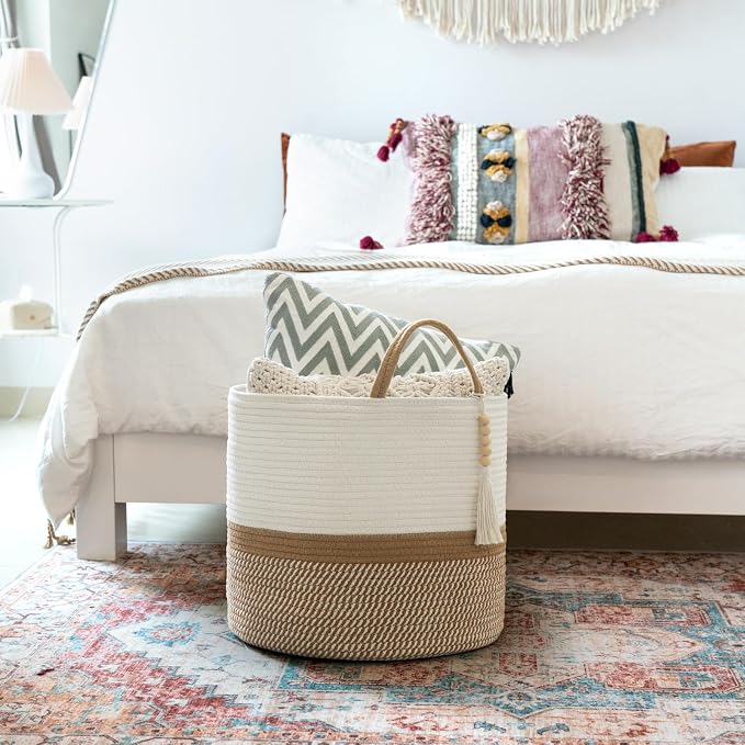 Mkono Woven Storage Basket Decorative Natural Rope Basket Wooden Bead Decoration for Blankets,Toys,Clothes,Shoes,Plant Organizer Bin with Handles Living Room Home Decor, 16"W×13.8"L, White and Brown - Image 3
