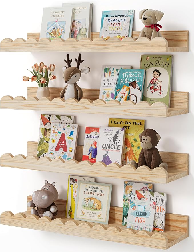 Shario Nursery Book Shelves, 4-Pack Wood Floating Shelves for Wall Kids, Scalloped Shelves, Wall Book Shelves for Bedroom Kids, Toddler Room, Baby Room, Nursery Decor(Wood, 16.5 Inches) by Shario