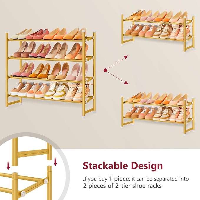 Tajsoon Expandable Shoe Rack for Closet 4 Tier, 29“-41“Adjustable & Stackable Shoe Shelf Storage, Metal Shoe Rack Organizer for Front Door Entrance, Closet, Garage, Entryway, Gold - Image 6