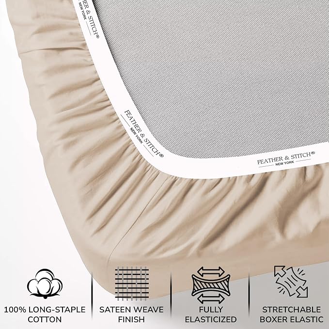 Feather & Stitch 500 TC Full Size 4pc Damask Bed Sheet Set, 100% Soft Cotton Breathable Bedsheets, 18" Deep Pockets Sateen Weave Solid Bedding Mattress Resort Hotel Luxury Decor - (Champagne Beige)