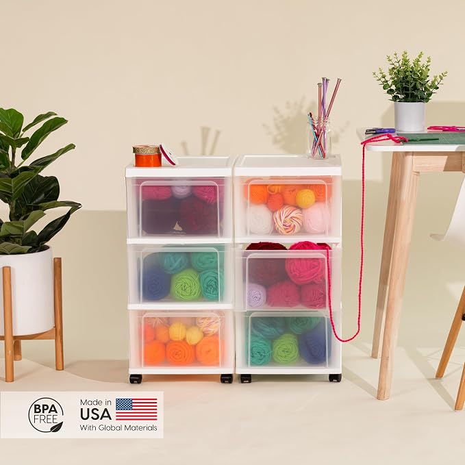IRIS USA Plastic 3-Drawer Storage Organizer Rolling Cart, with Wheels Casters, 2-Pack, for Classroom Art Supplies Bathroom Dorm Bedroom Laundry Room, Slim Narrow, White/Clear - Image 2