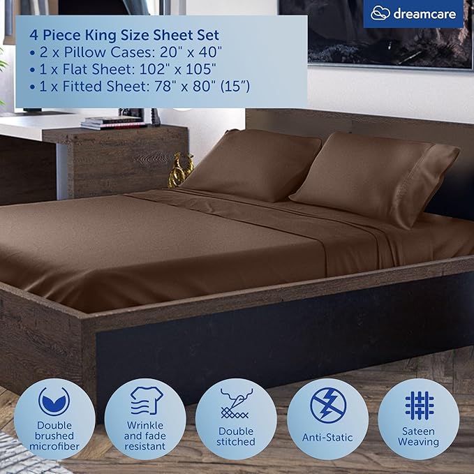 DREAMCARE King Size Sheets Set - Cooling Bed Sheets - 4pcs Set - up to 15" Deep Pocket King Sheet Set – Soft & Long Lasting Cooling - 100% Fine Brushed Microfiber with Side Pocket - Mocha Brown