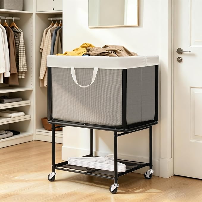 STO STO Rolling Laundry Hamper with Lockable Wheels, 29-Gallon (110L) Laundry Cart with Removable Canvas Bag, 2-Tier Clothes Basket Hamper with Shelf for Closet, Bedroom, Bathroom, Laundry Room - Image 3