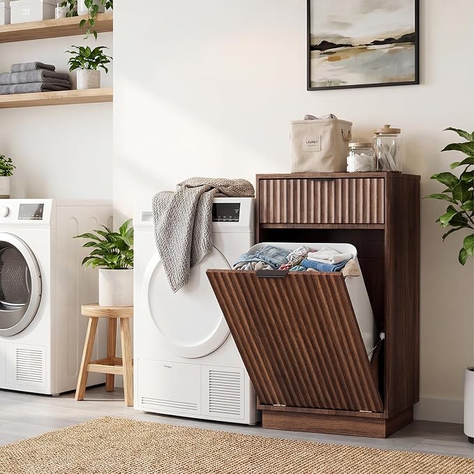 Tilt-Out Trash Cabinet with 10-Gallon Capacity, Walnut Laundry Hamper Cabinet, 34.3 x 19 x 13.8 inches, Wave-Textured Front. - Image 7