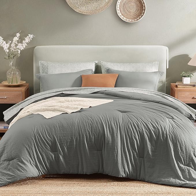 Monbix Full Size Comforter Set - 7 Pieces Granite Grey Prewashed Bed in a Bag Full Bedding Sets with Comforters, All Seasons Ultra Soft Comforter Bed Set with Sheets,Pillowcases & Shams